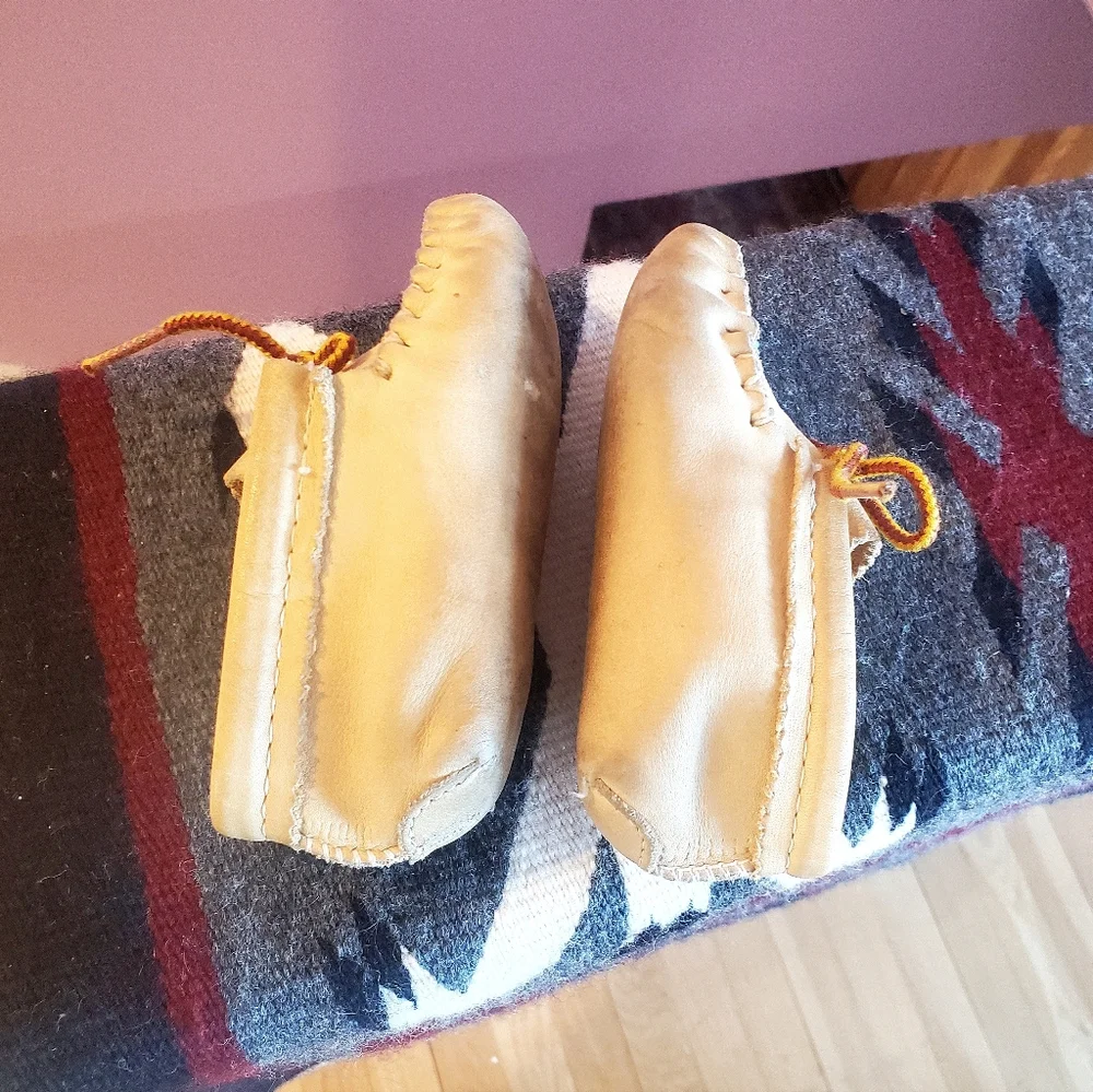 Handcrafted Tan Leather Kids Moccasins, Size 7